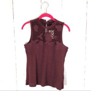 NWT Lucky Brand Maroon Floral Mock Neck Tank